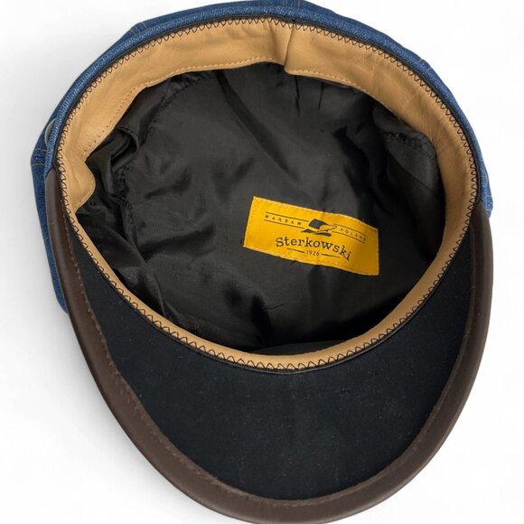 Vintage Denim Jean Leather Fisherman Captain Disco Sterkowski Cap Hat One Size - Picture 9 of 9